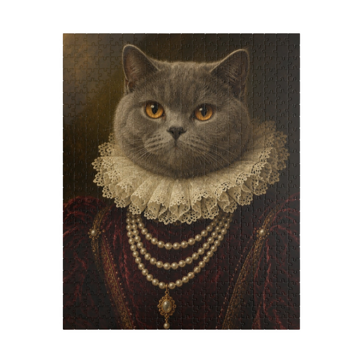 A cat in the Duchess portrait style as a 520-piece vertical jigsaw puzzle