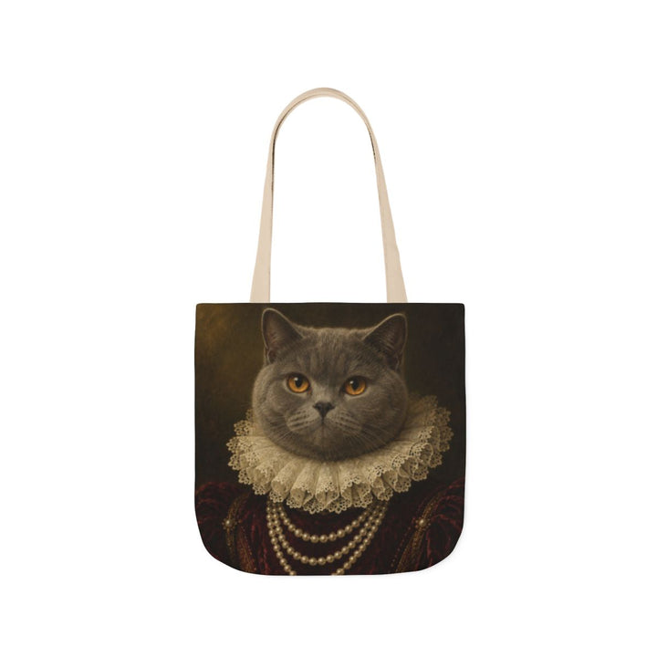 A cat in the Duchess portrait style on a canvas tote bag with beige straps