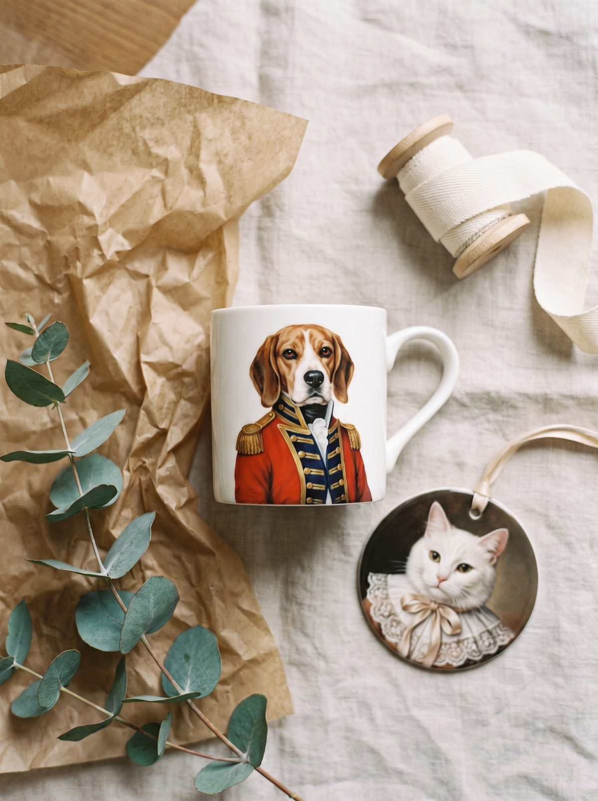 A mug with a beagle portrait and an ornament with a white cat portrait on kraft paper and ribbon