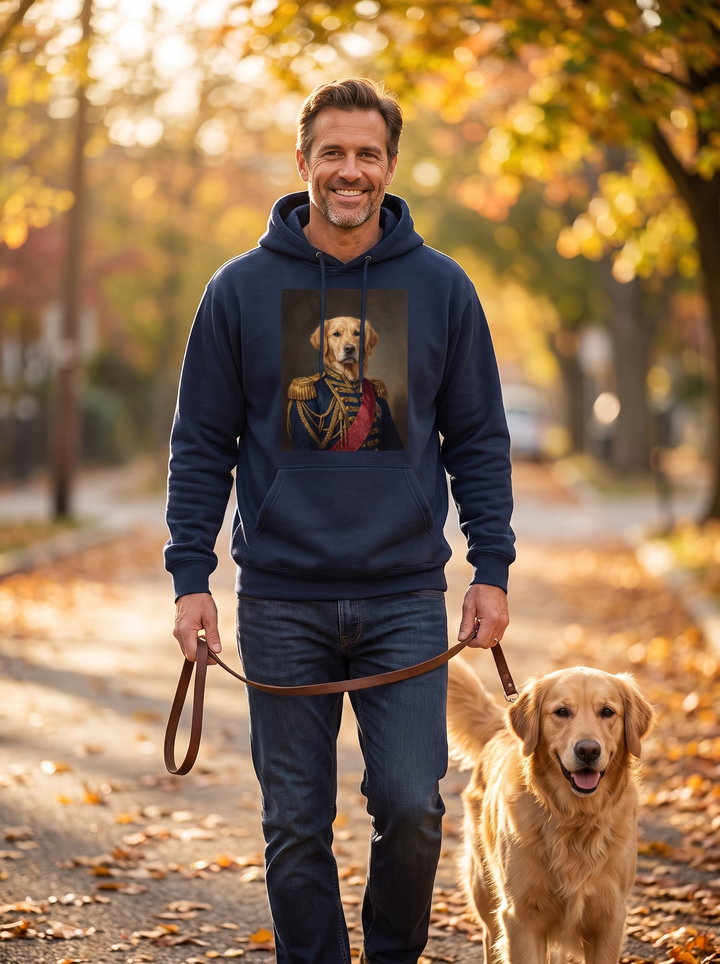 A man in a navy hoodie with his dog's Admiral portrait printed on the chest