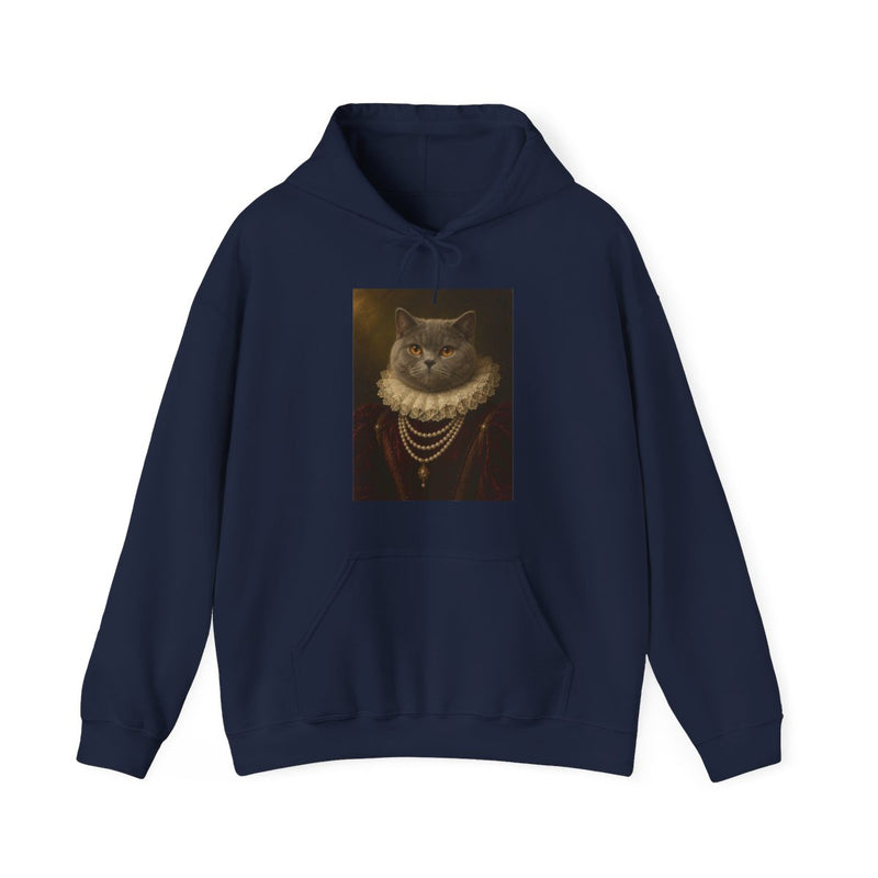 A cat in the Duchess portrait style printed on a navy heavyweight hoodie, front view