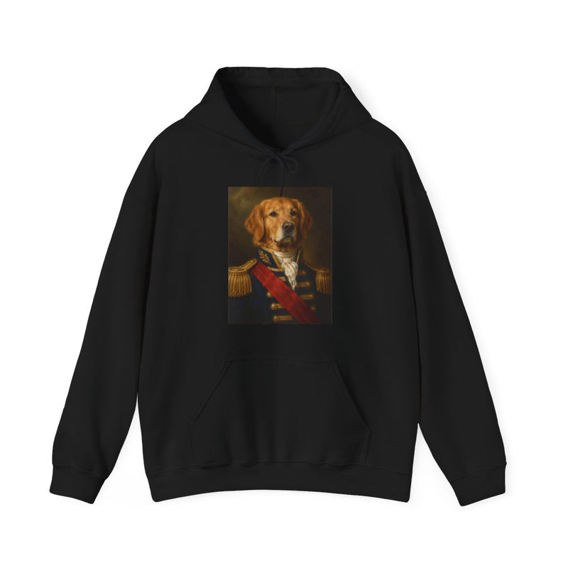 A dog in the Admiral portrait style printed on a black heavyweight hoodie, front view