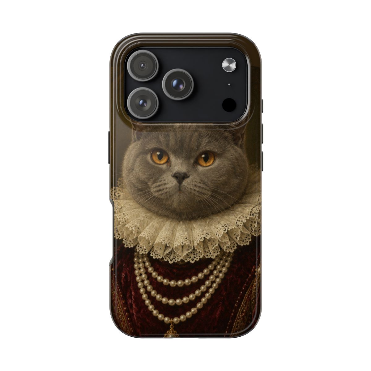 A cat in the Duchess portrait style on a tough iPhone 17 Pro case, portrait sitting below the camera module