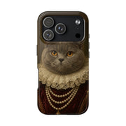 A cat in the Duchess portrait style on a tough iPhone 17 Pro case, portrait sitting below the camera module