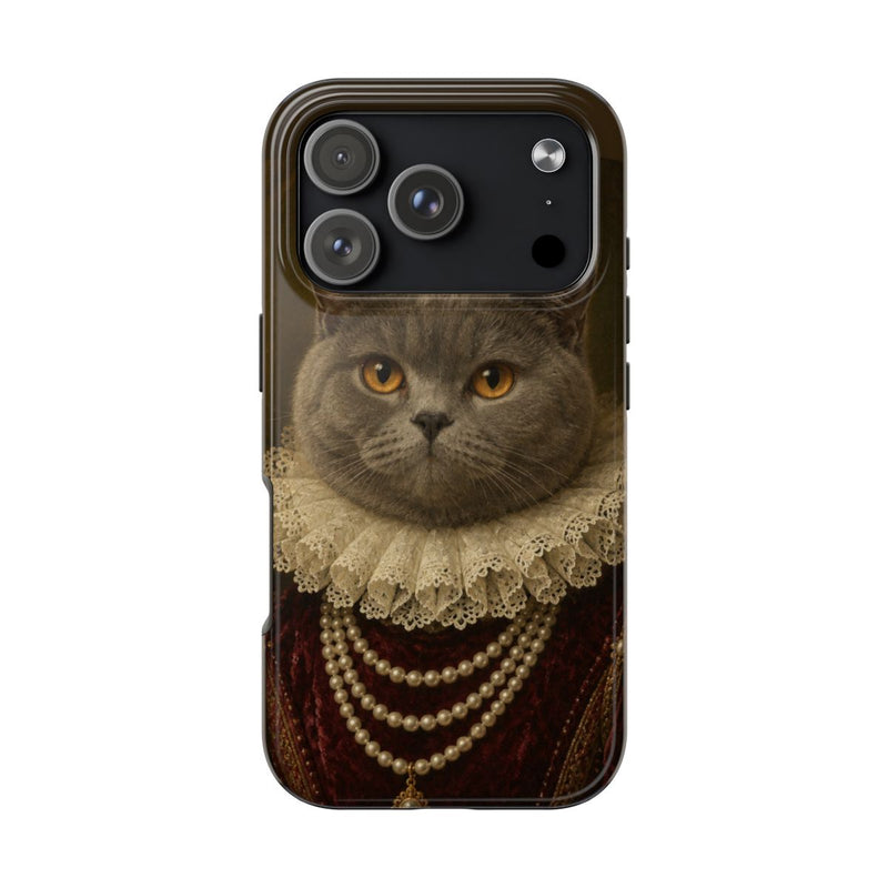 A cat in the Duchess portrait style on a tough iPhone 17 Pro case, portrait sitting below the camera module