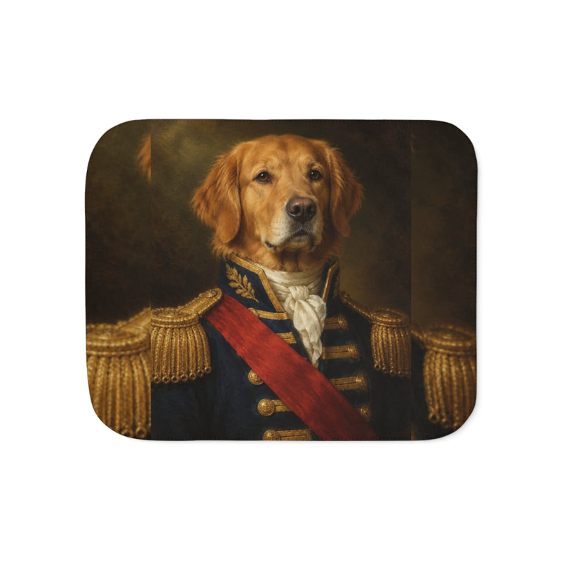 A dog in the Admiral portrait style printed across a sherpa fleece blanket