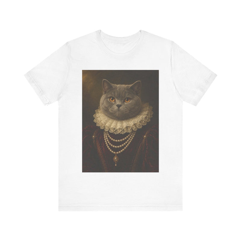 A cat in the Duchess portrait style printed on a white unisex t-shirt, front view