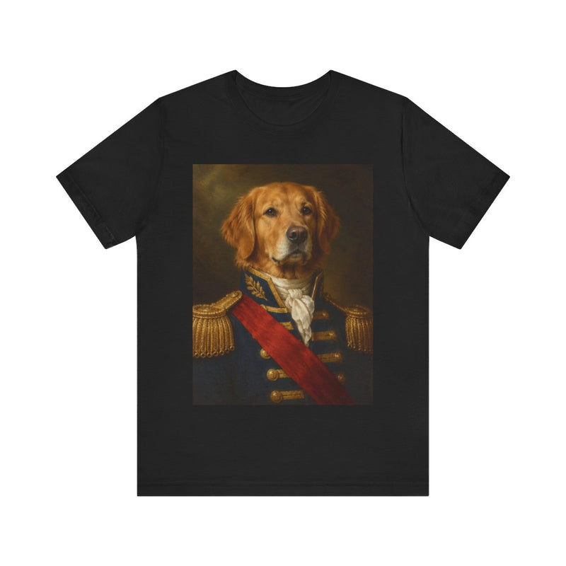 A dog in the Admiral portrait style printed on a black unisex t-shirt, front view