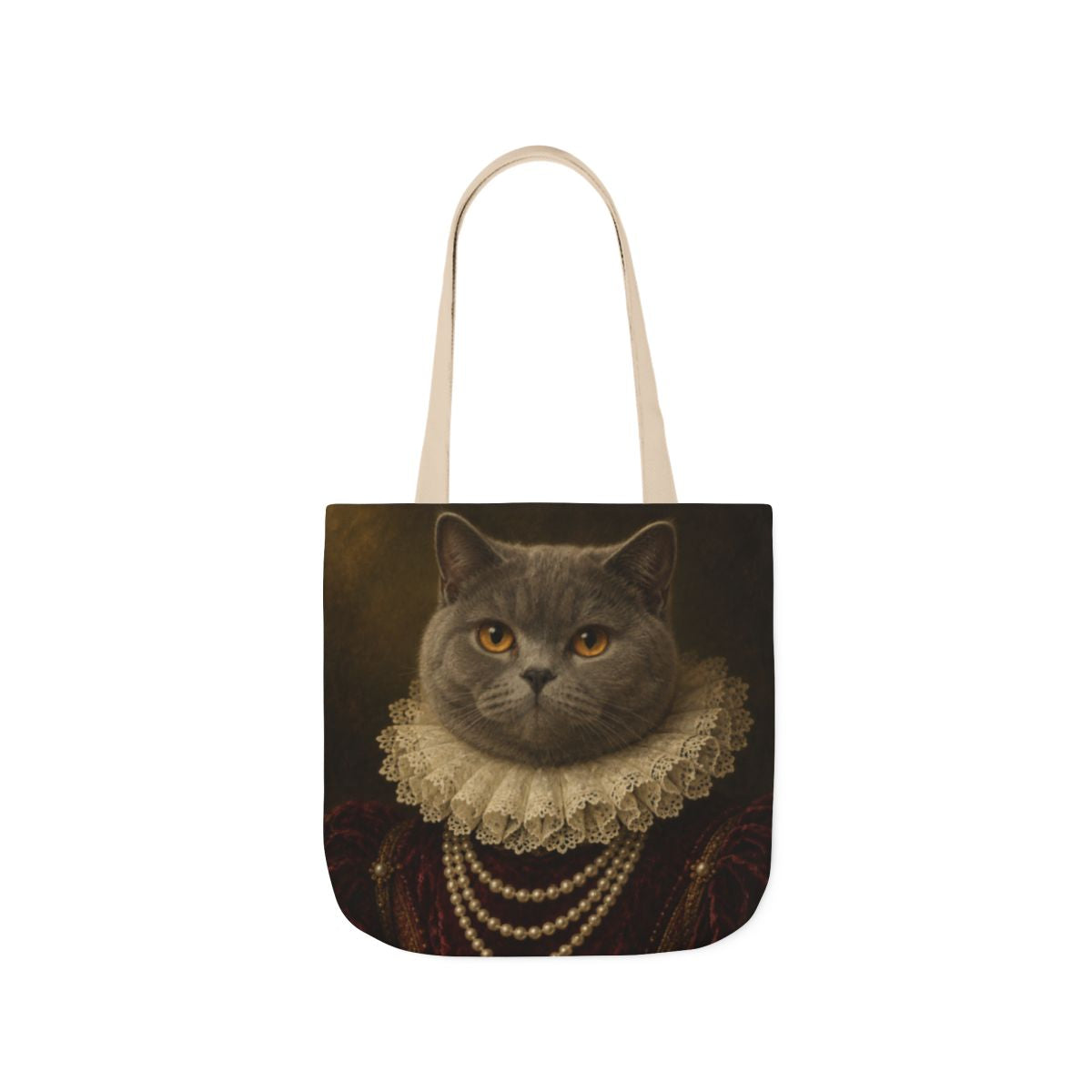 A cat in the Duchess portrait style on a 16 inch canvas tote with beige straps