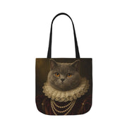 A cat in the Duchess portrait style on an 18 inch canvas tote with black straps