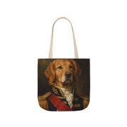 A dog in the Admiral portrait style on a 16 inch canvas tote with beige straps