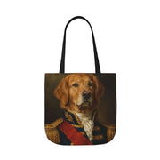 A dog in the Admiral portrait style on an 18 inch canvas tote with black straps
