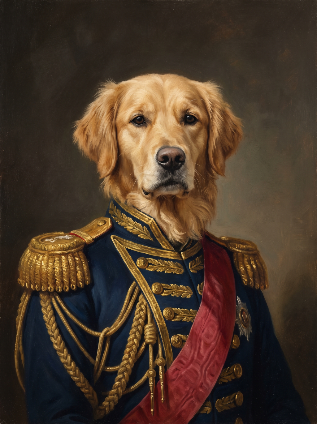 A dog in the Admiral portrait style: navy naval coat with gold epaulettes and a crimson sash