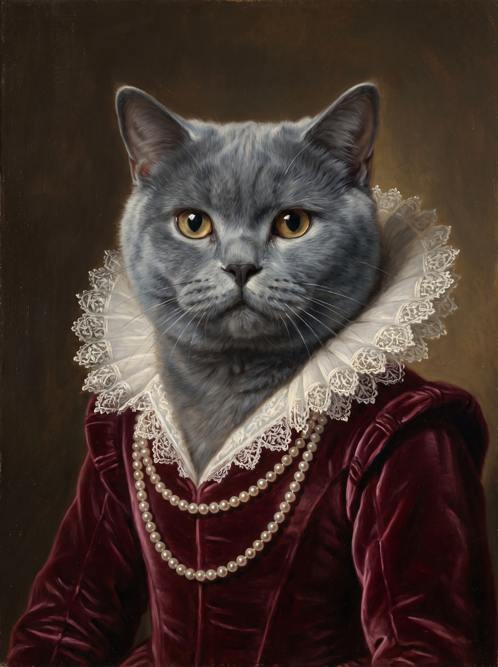 A cat in the Duchess portrait style: wine-red velvet gown, lace collar and pearls