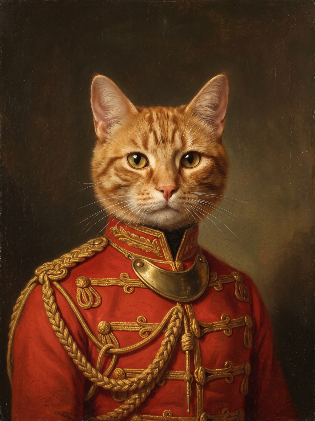 A cat in the Captain portrait style: scarlet cavalry tunic with gold braid