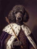 A dog in the Empress portrait style: purple robe with ermine trim and a sceptre