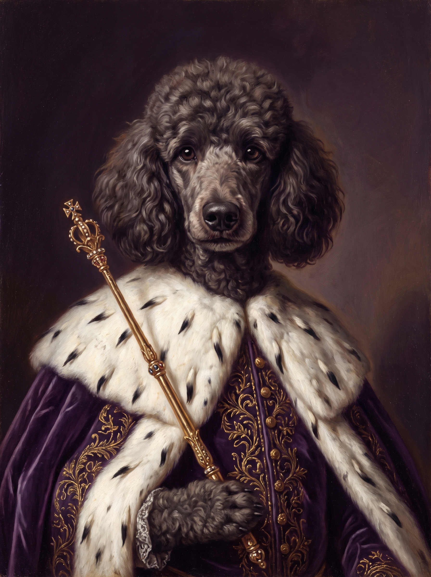 A dog in the Empress portrait style: purple robe with ermine trim and a sceptre