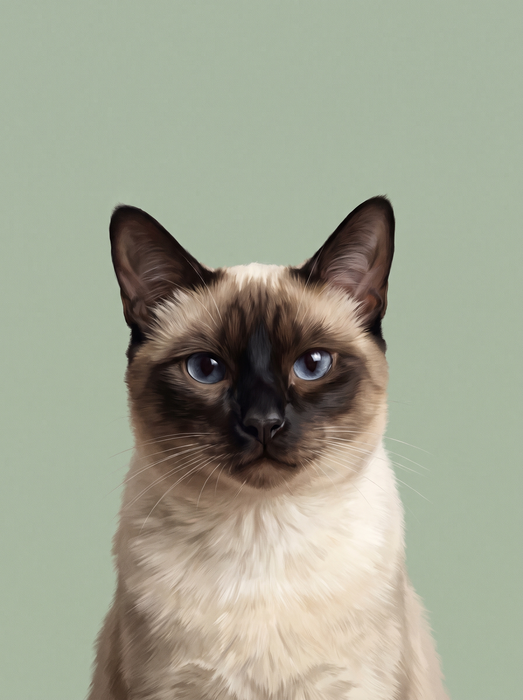 A cat in the Studio portrait style: clean portrait on a solid sage background