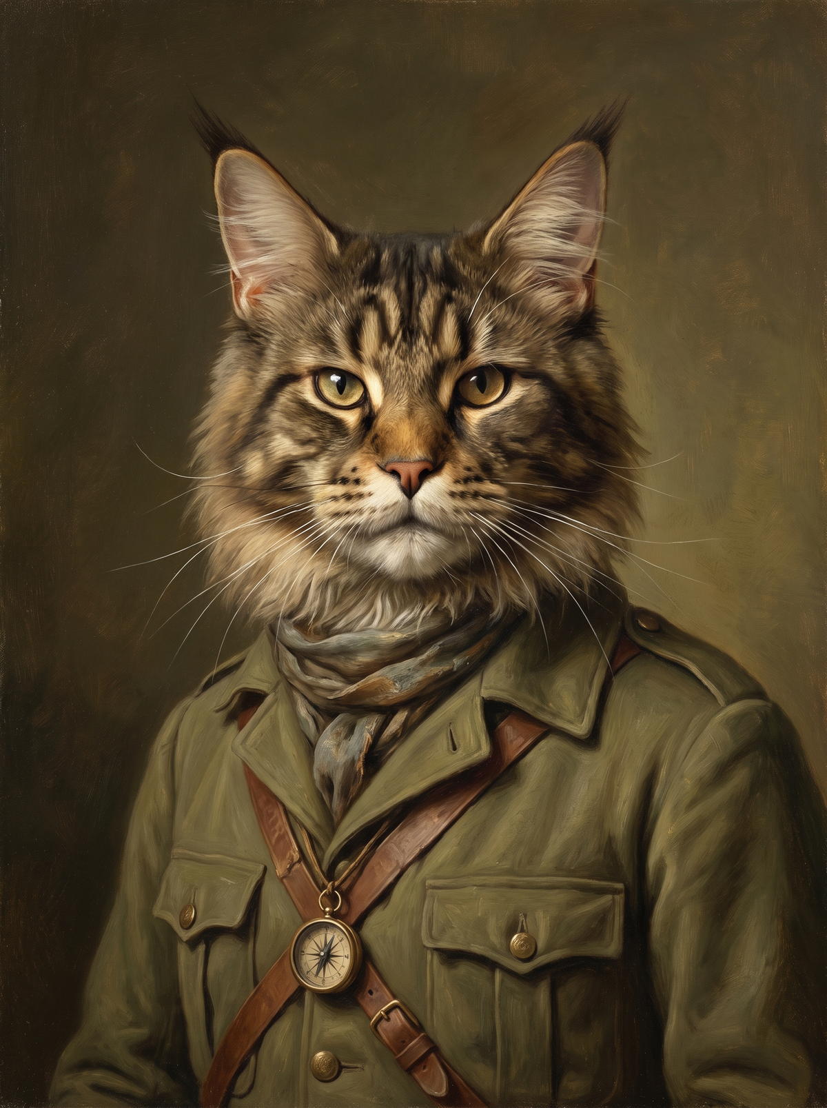 A cat in the Explorer portrait style: olive field coat, leather straps and a brass compass