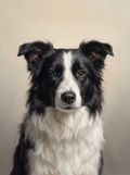 A dog in the Forever Light memorial style: soft window light on a warm bone background