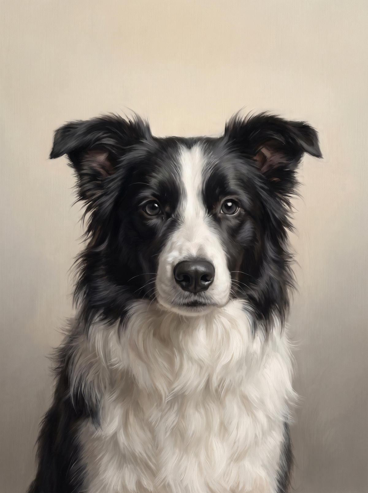 A dog in the Forever Light memorial style: soft window light on a warm bone background