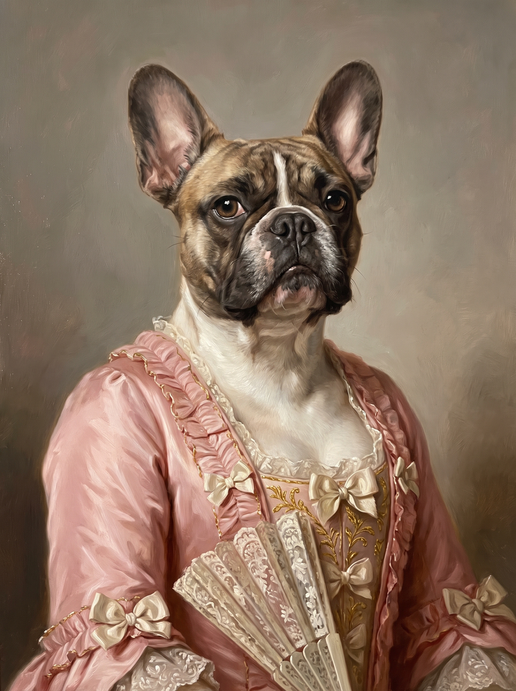 A dog in the Marquise portrait style: powder-pink rococo gown with a lace fan