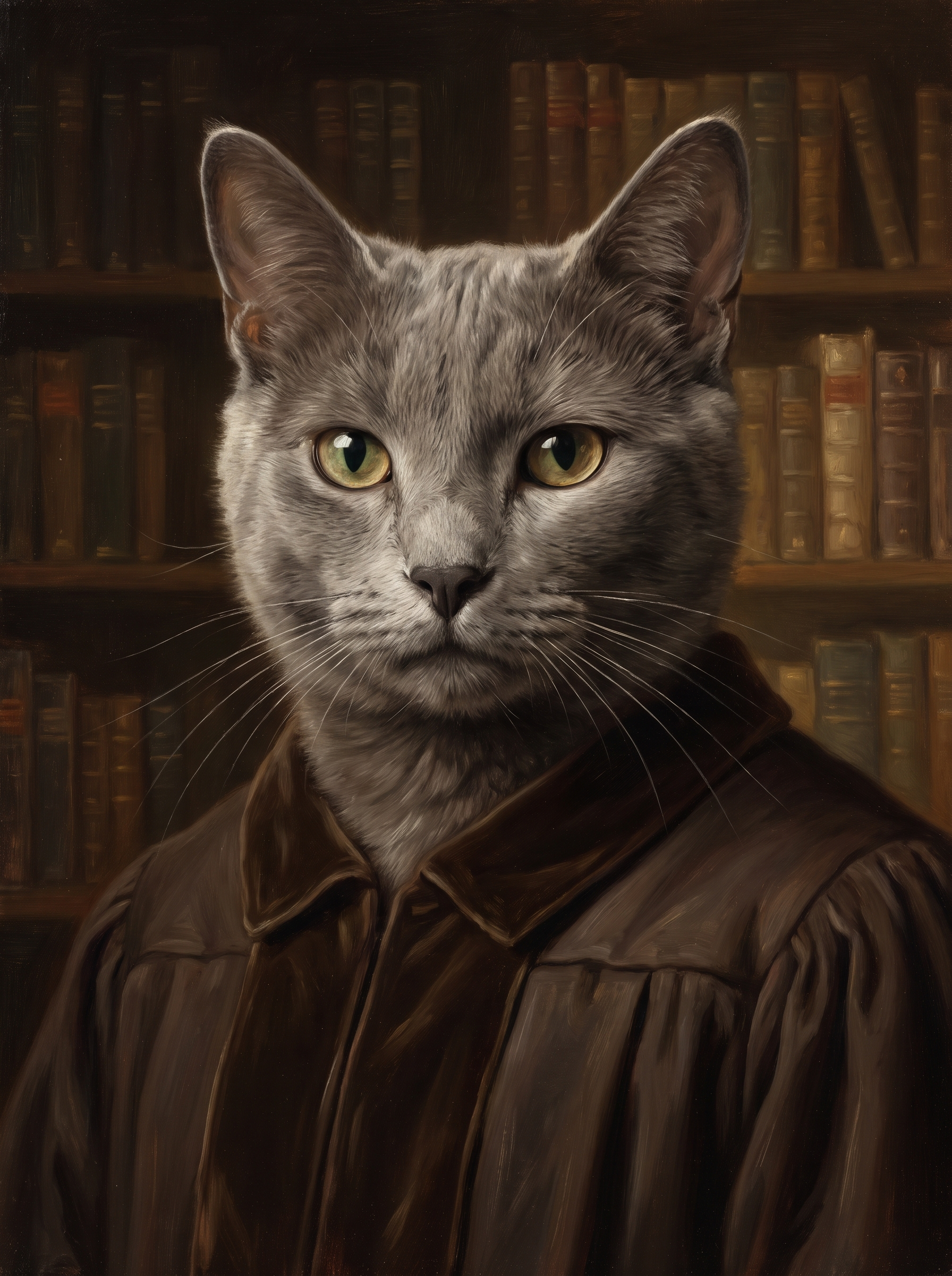 A cat in the Scholar portrait style: dark academic gown in front of library shelves