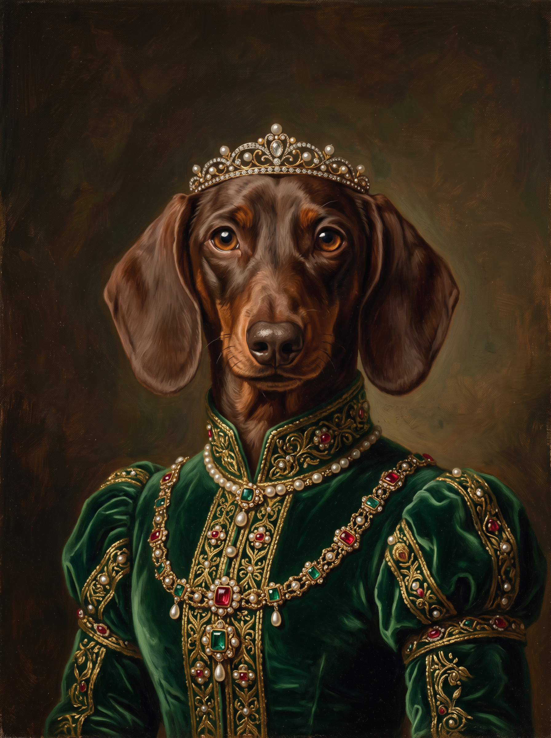 A dog in the Countess portrait style: emerald velvet gown and a jewelled diadem