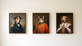 Three pet portraits in different styles hanging side by side on a wall