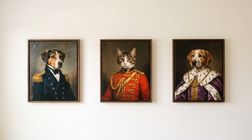 Three pet portraits in different styles hanging side by side on a wall