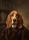 A dog in the Scholar portrait style: dark academic gown in front of library shelves