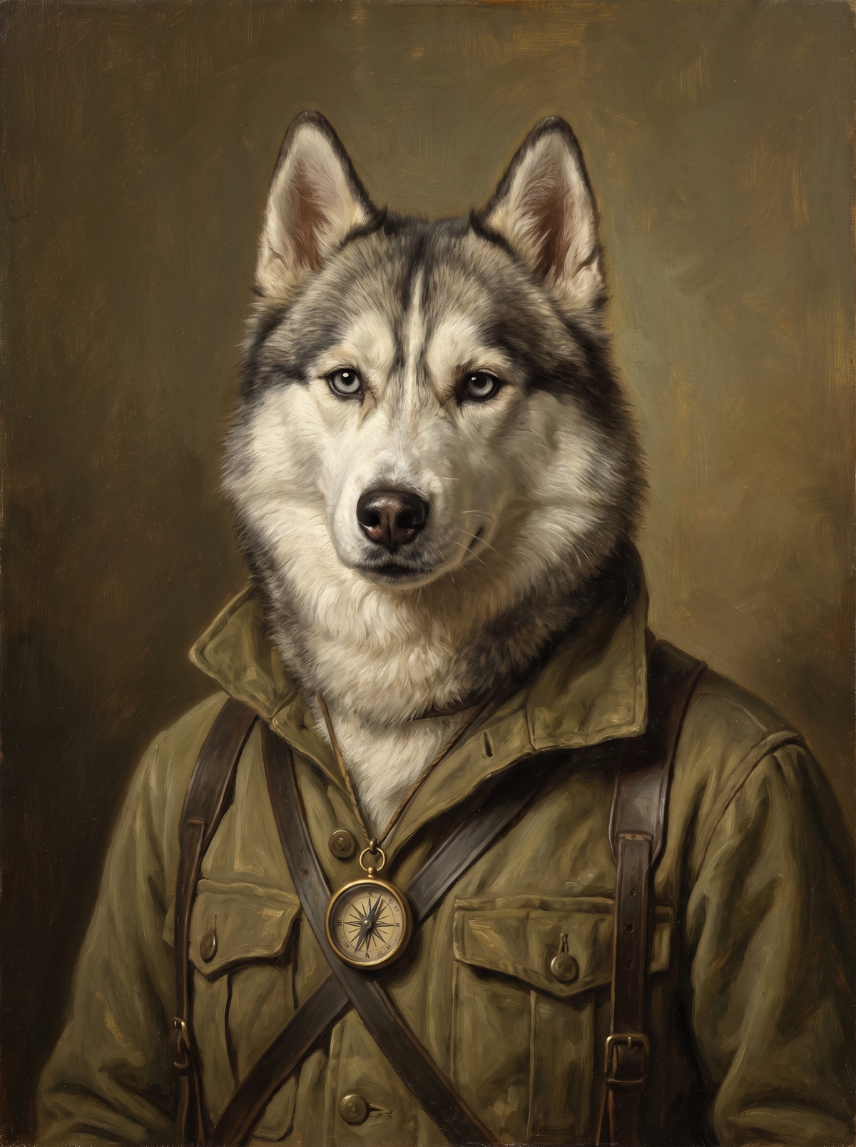A dog in the Explorer portrait style: olive field coat, leather straps and a brass compass