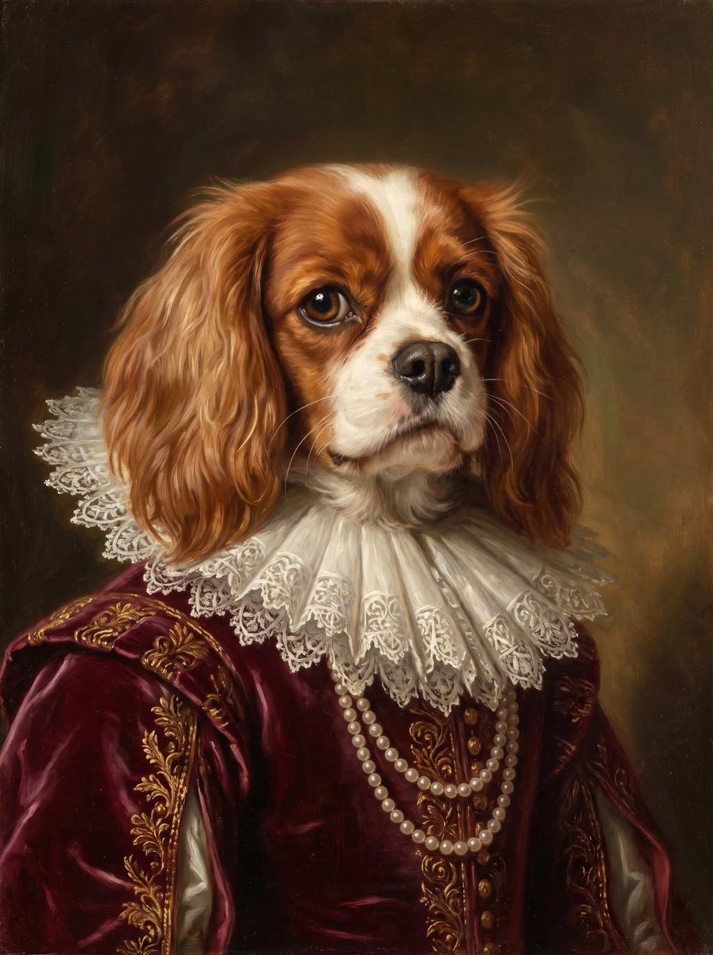 A dog in the Duchess portrait style: wine-red velvet gown, lace collar and pearls