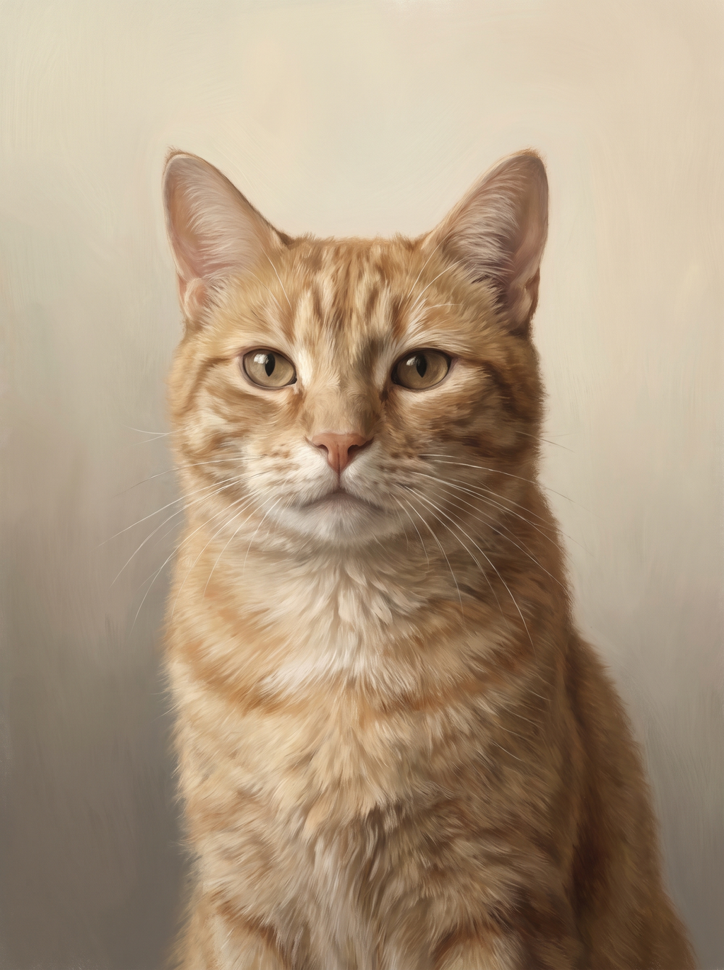 A cat in the Forever Light memorial style: soft window light on a warm bone background