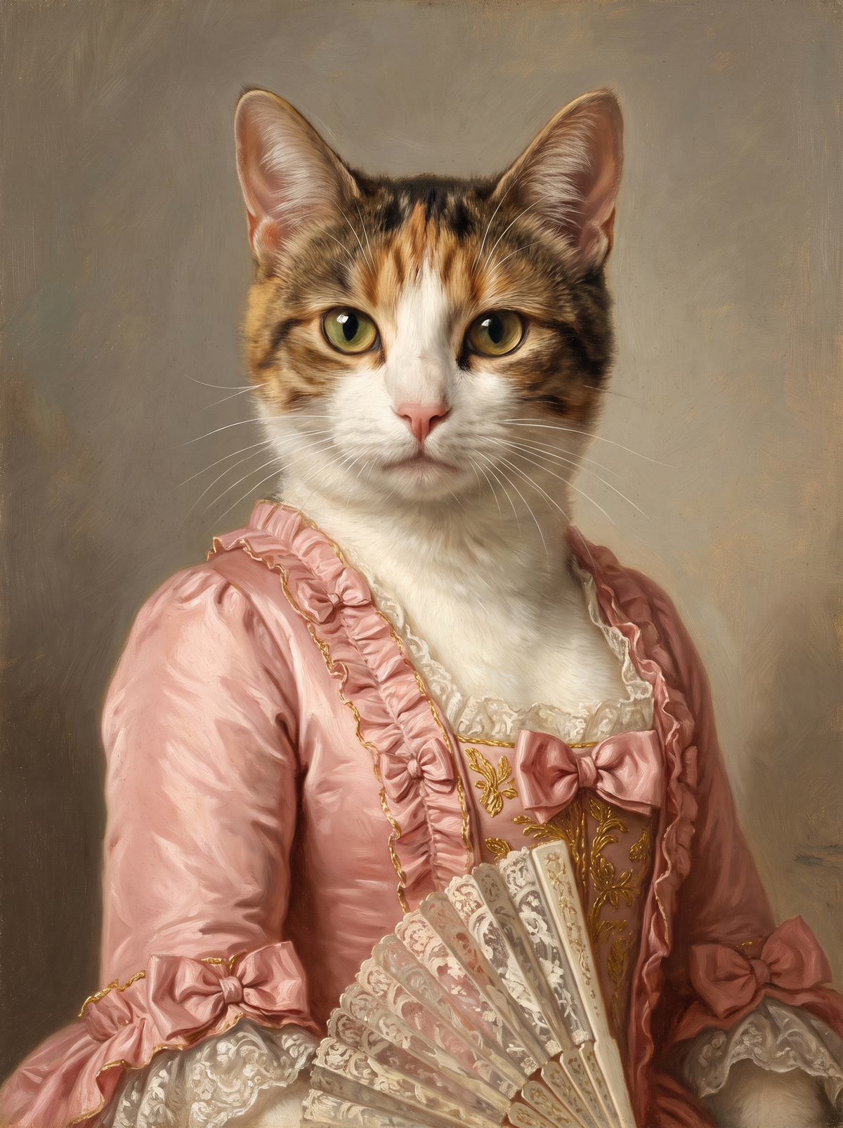 A cat in the Marquise portrait style: powder-pink rococo gown with a lace fan