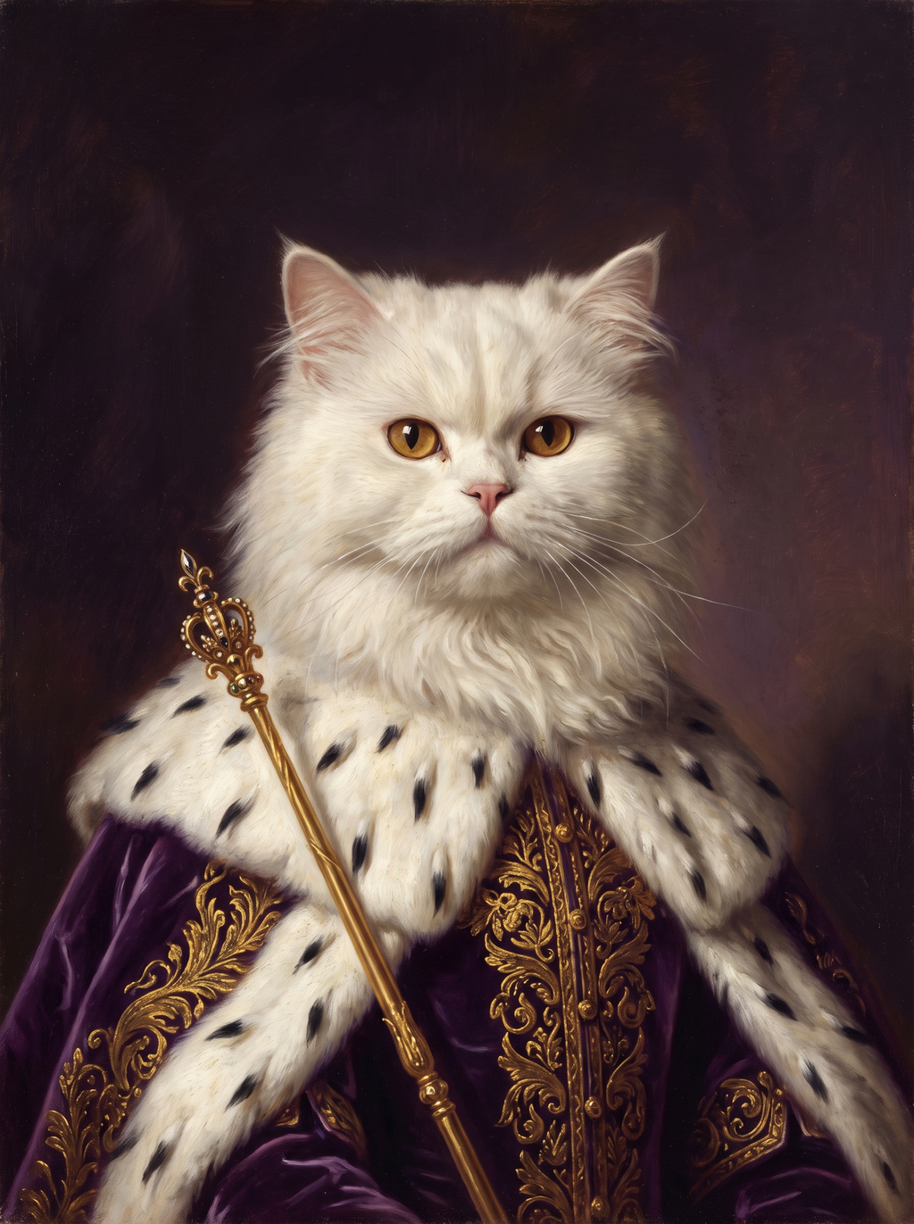A cat in the Empress portrait style: purple robe with ermine trim and a sceptre