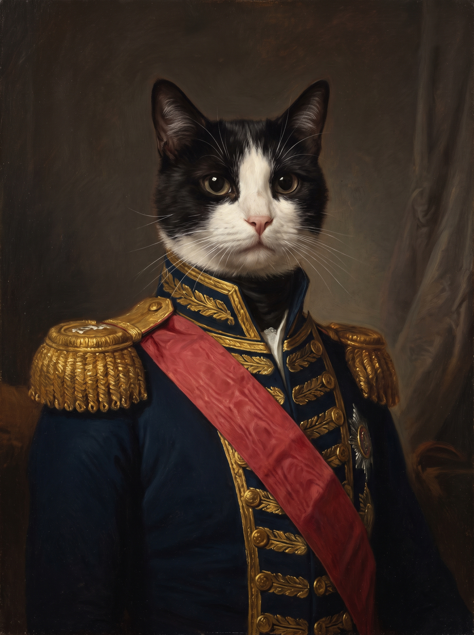 A cat in the Admiral portrait style: navy naval coat with gold epaulettes and a crimson sash