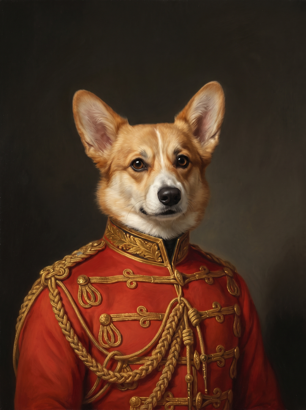 A dog in the Captain portrait style: scarlet cavalry tunic with gold braid