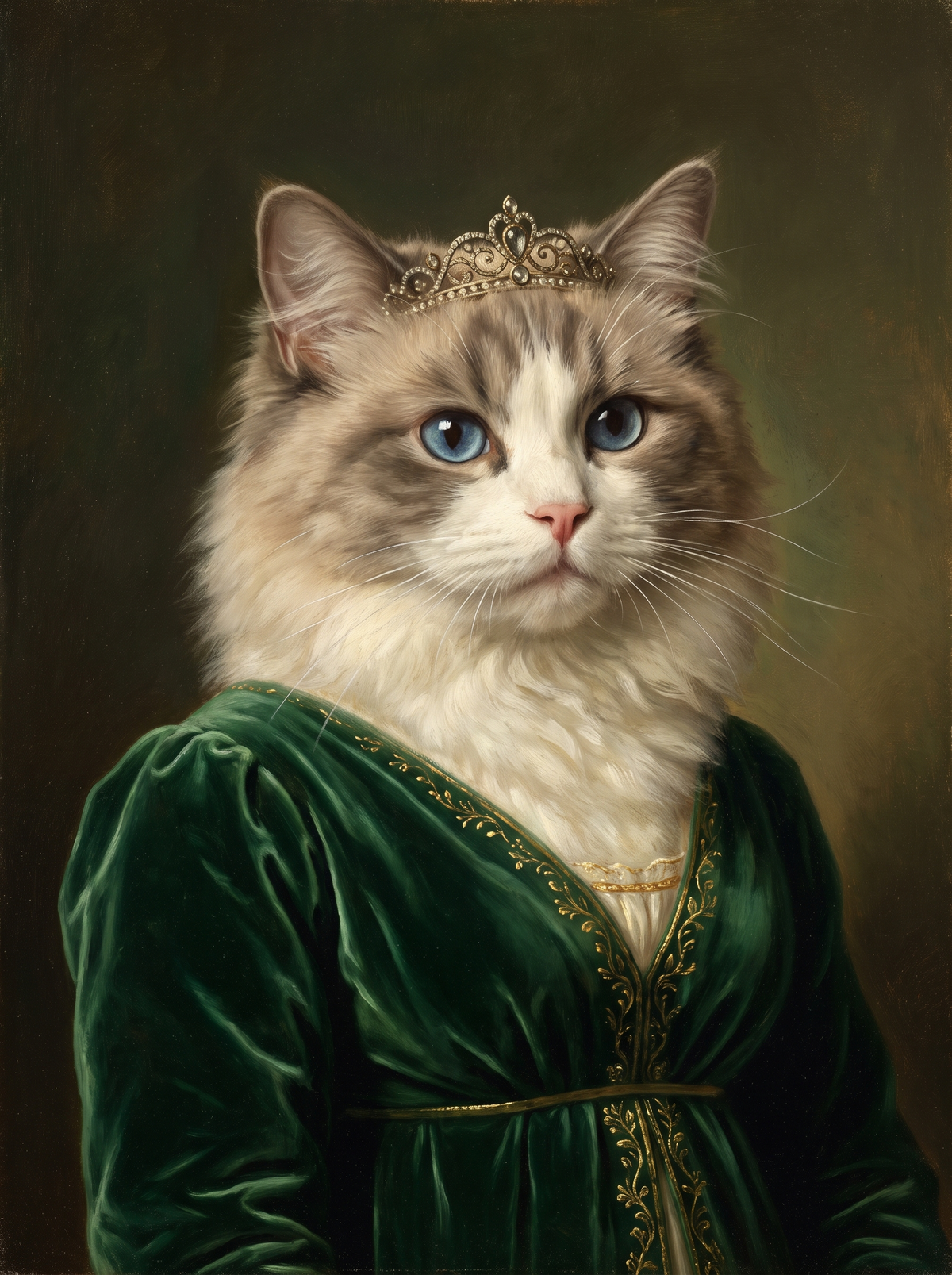 A cat in the Countess portrait style: emerald velvet gown and a jewelled diadem