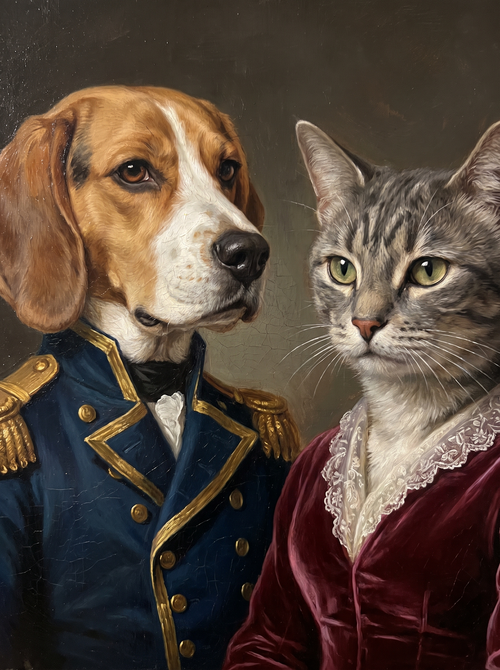 Two pets in one portrait: a dog and a cat side by side in costume