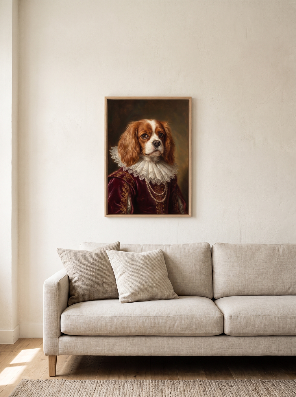 The Duchess portrait framed above a linen sofa in a living room