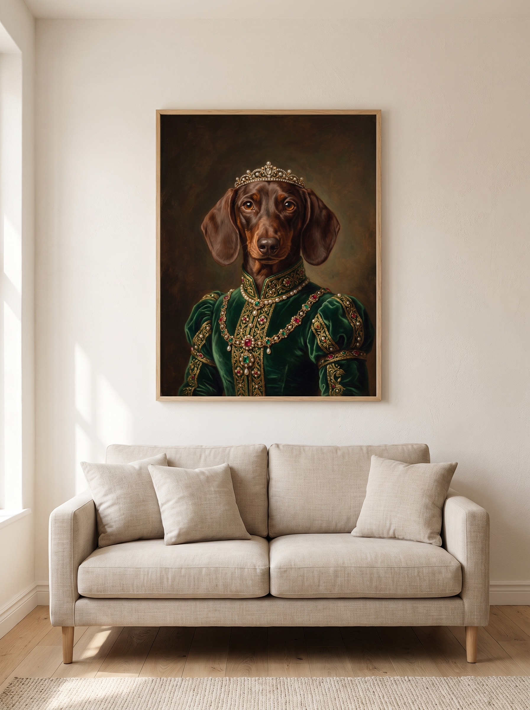 The Countess portrait framed above a linen sofa in a living room
