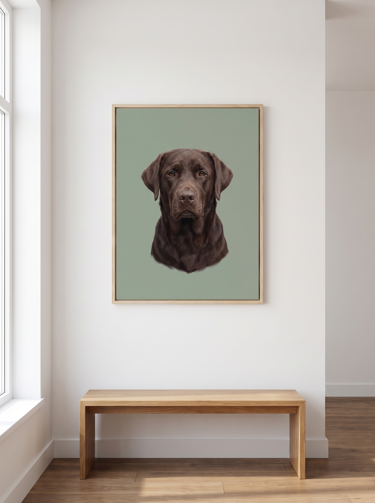 A Studio portrait framed above an oak bench in a bright modern room