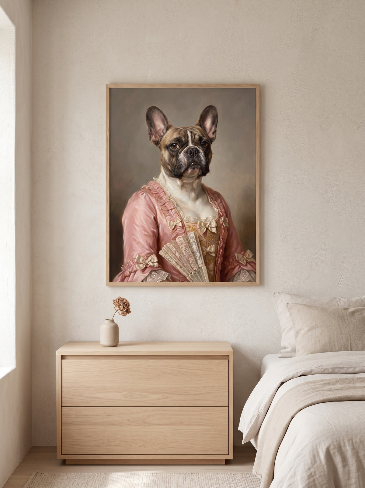 The Marquise portrait framed above a dresser in a bedroom