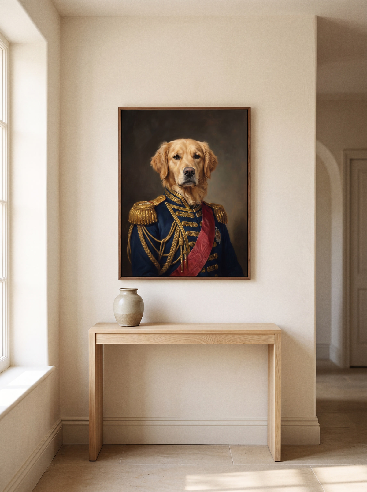 The Admiral portrait framed above a console table in a hallway