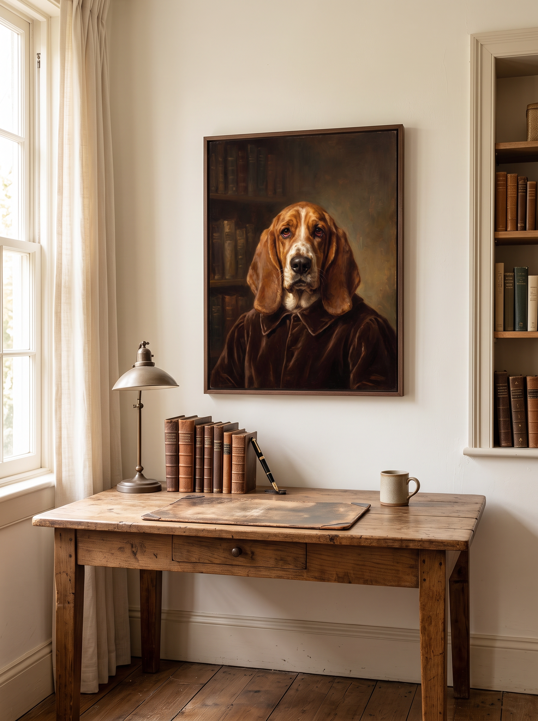The Scholar portrait framed above a desk in a study