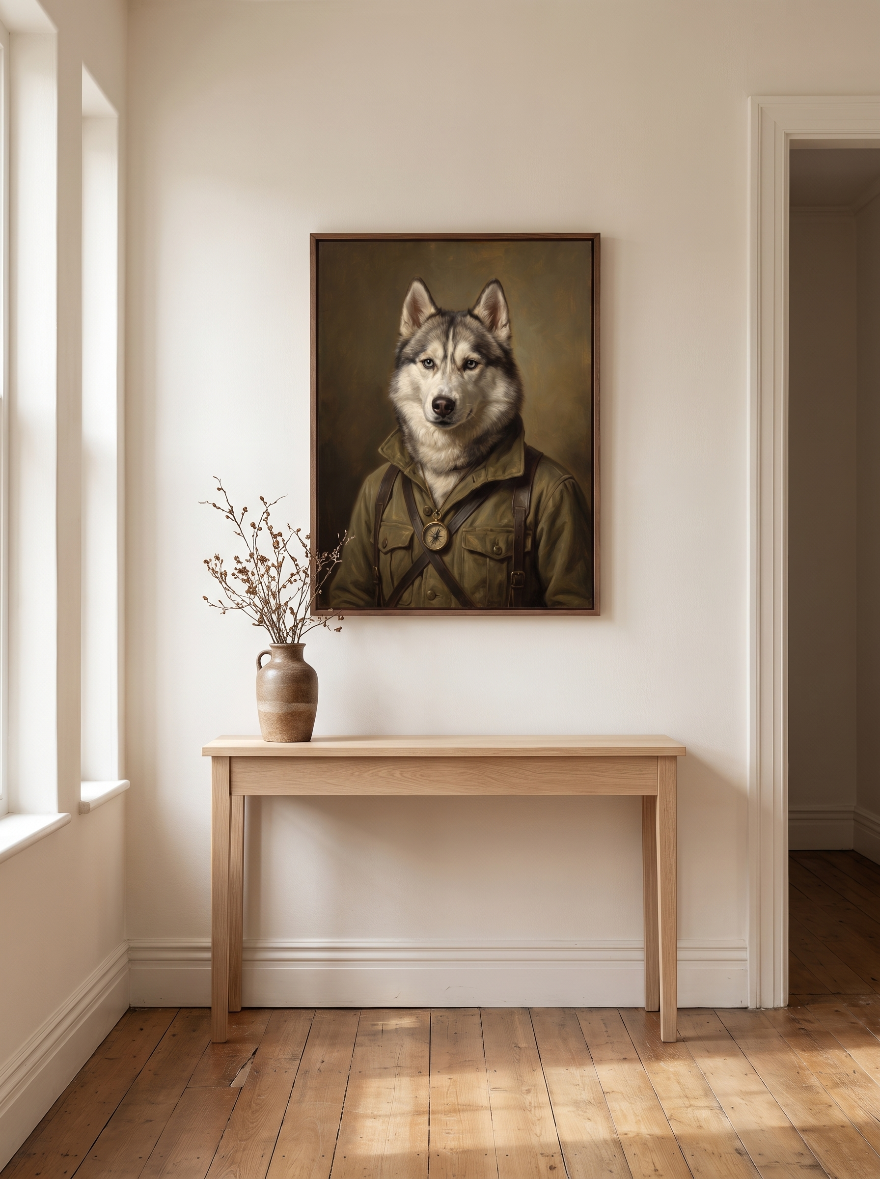 The Explorer portrait framed above a console table in a hallway