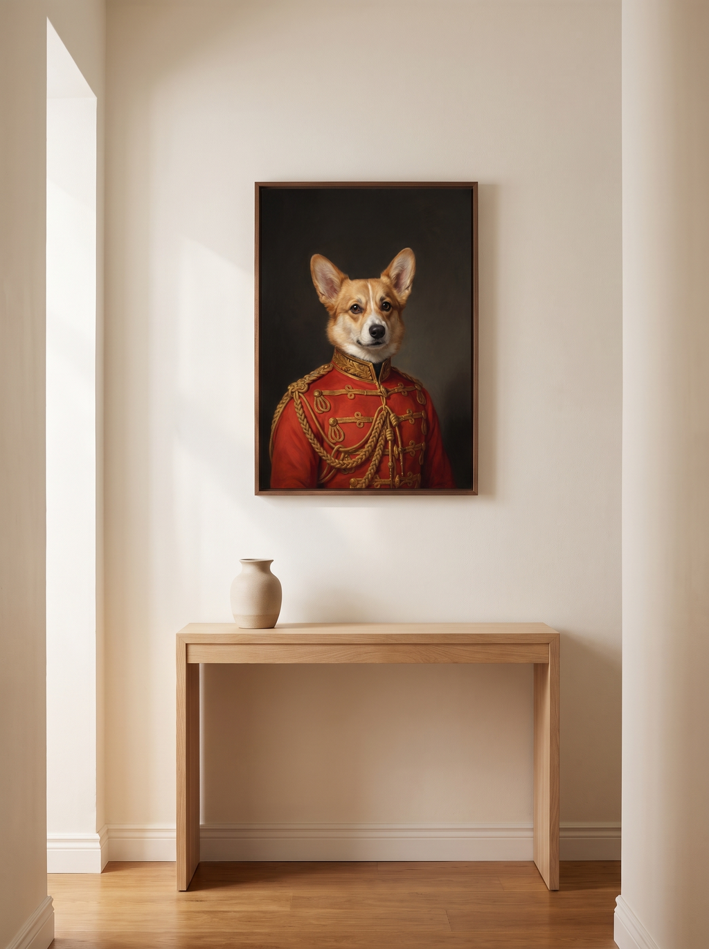 The Captain portrait framed above a console table in a hallway