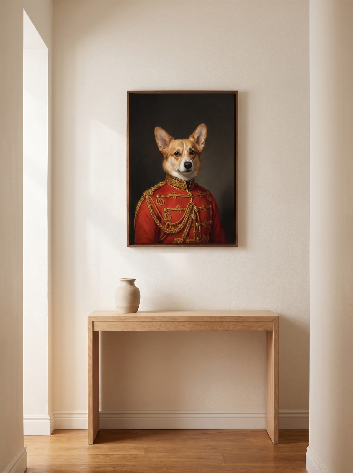 The Captain portrait framed above a console table in a hallway