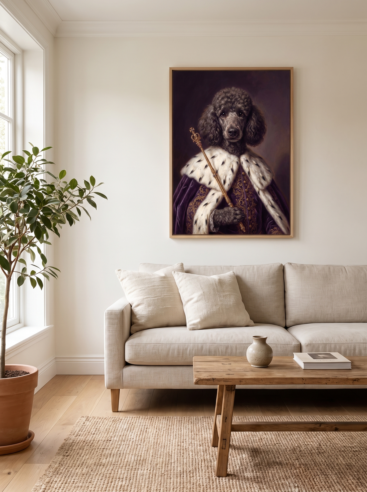The Empress portrait framed above a linen sofa in a living room